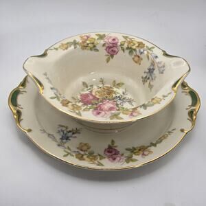 Vintage KPM Royal Ivory Normandie Gravy Boat with Attached Underplate Floral